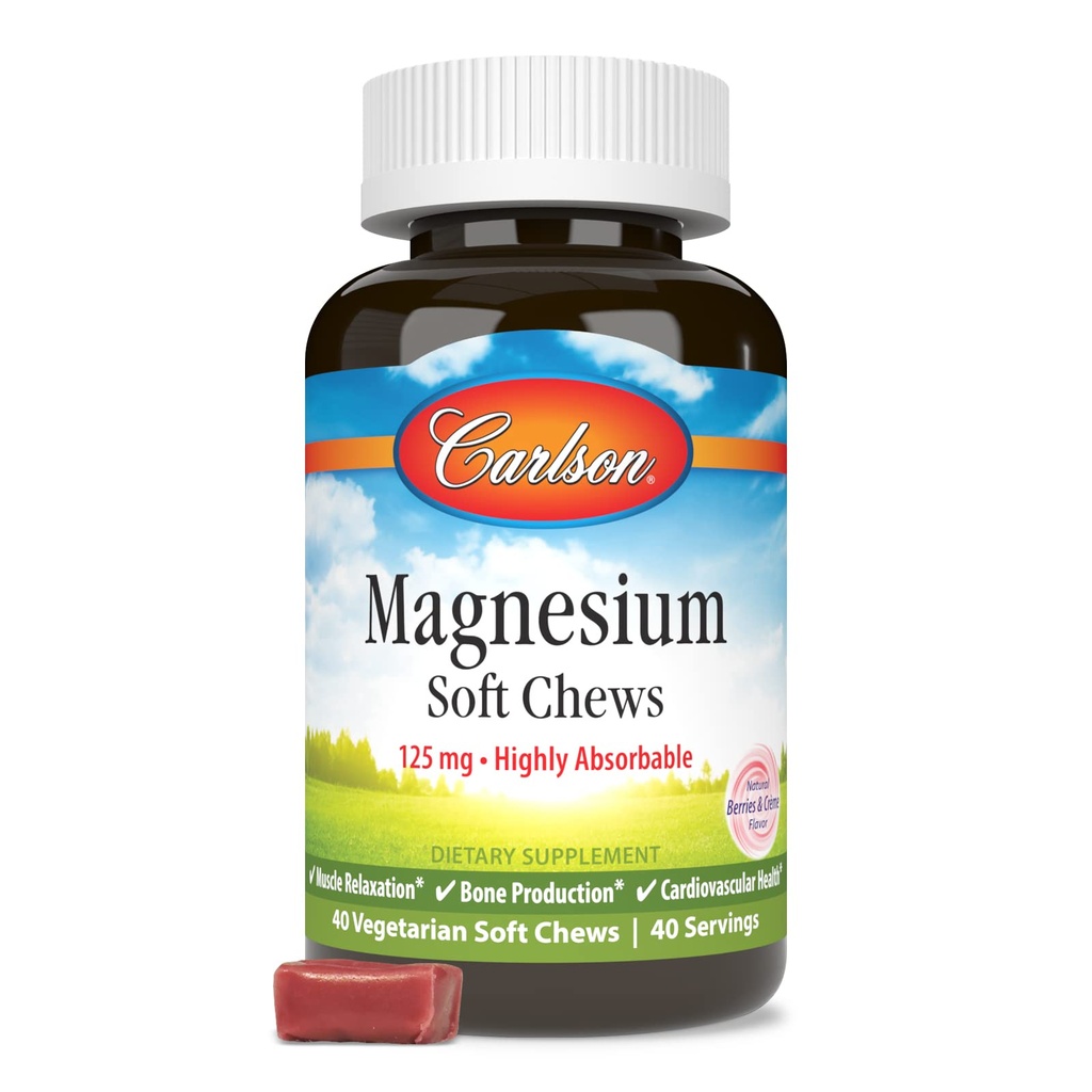 Carlson Magnesium Soft Chews 125 mg Highly Absorbable Muscle Relaxation & Overall Health - Beeren & Creme Flavor - 40 Vegetarische Soft Chews