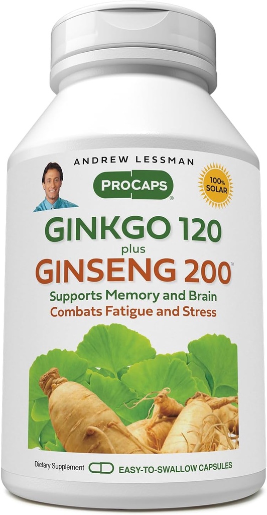 ANDREW LESSMAN Ginkgo 120 Plus Ginseng 200mg - 30 Kapseln - Standardisierte Extraktmischung zur Unterstützung von Gehirn, Speicher und kognitiver Funktion. Adaptogen, bekämpft Stress und Fatigue. Keine Zusatzstoffe