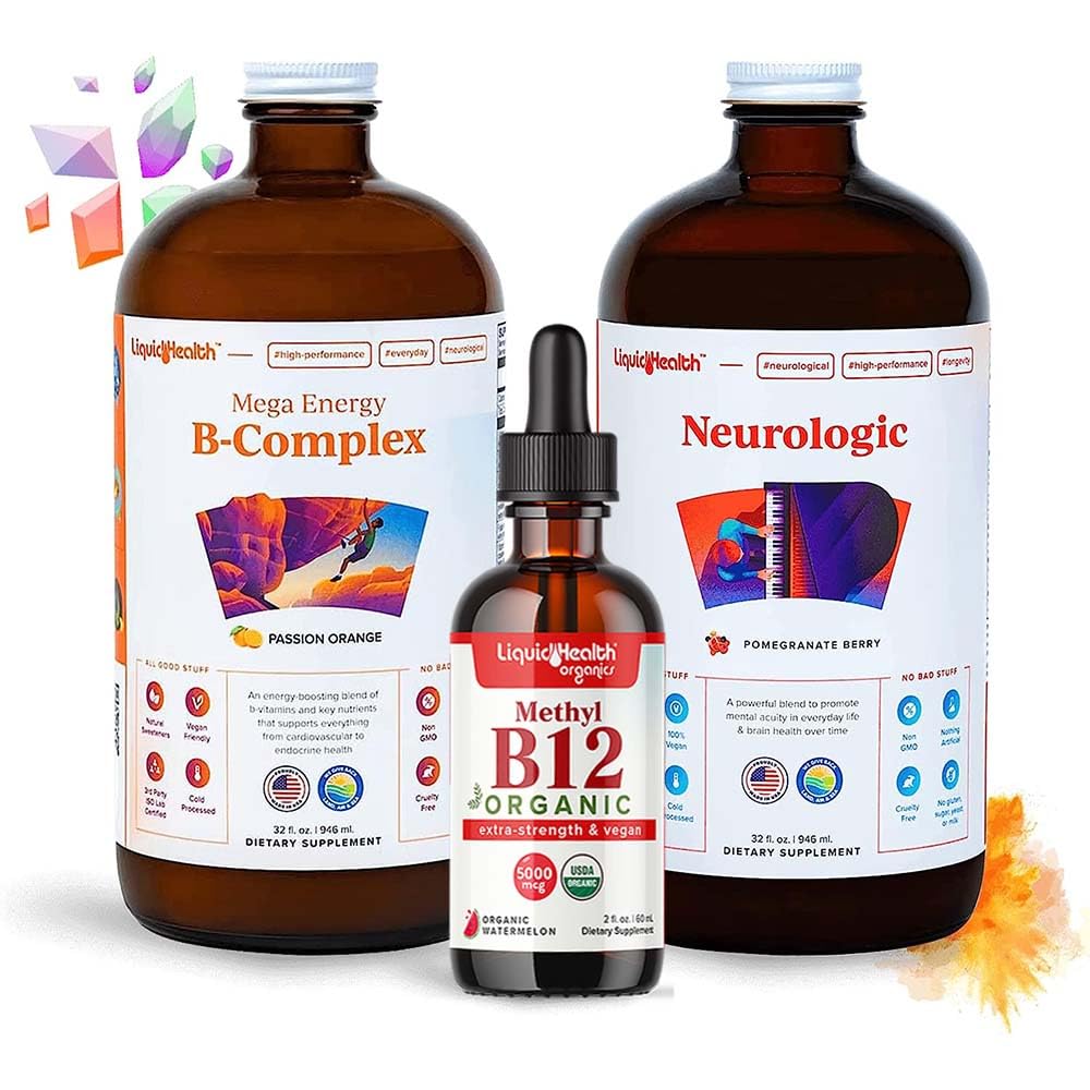 LIQUIDHEALTH Adult Focus & Energy Liquid Vitamin Bundle mit Mega Energy B-Complex, USDA Organic Methyl B12 Drops, Neurologic Nootropic Focus Supplement - Boost Energy, Mood - USA Made, Vegan, Non-GMO
