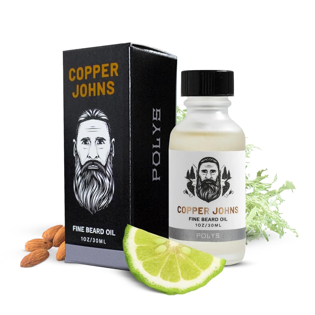 Kupfer Johns Premium Bart Öl für Männer - Natürliche Formel mit Jojoba & Castor Öl - Leichte nicht fettige Bart Moisturizer - Weichen, Hydrates & Tames Frizz - Polys-Bergamot & Kirsch Mandel 1 Unze