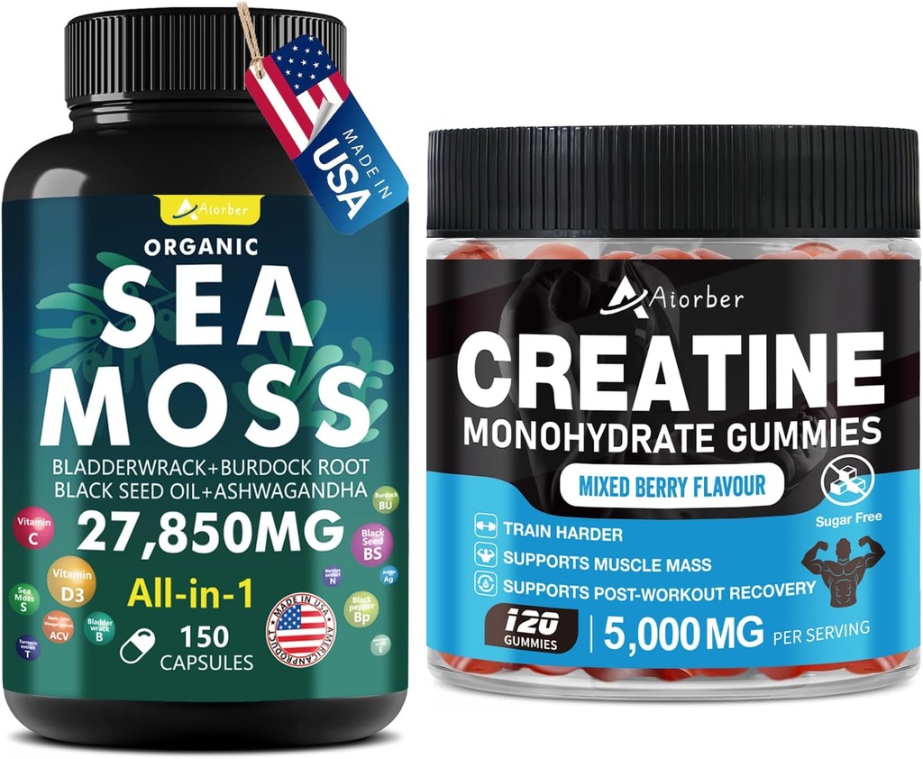 Sea Moss & Creatine Monohydrate Bundle 270 Count – Organic Sea Moss Black Seed Oil Aşhwagandha Ginger & Creatine Monohydrate (2 Pack)