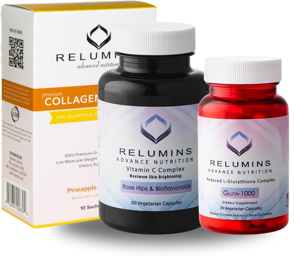 Relumines Premium Sommer Glow Set – Collagen Ananas, Glutathione 1000mg & Vitamin C – Antioxidans Unterstützung für Hautgesundheit & Gesamt Wellness – 3-in-1 Beauty & Wellness Kit