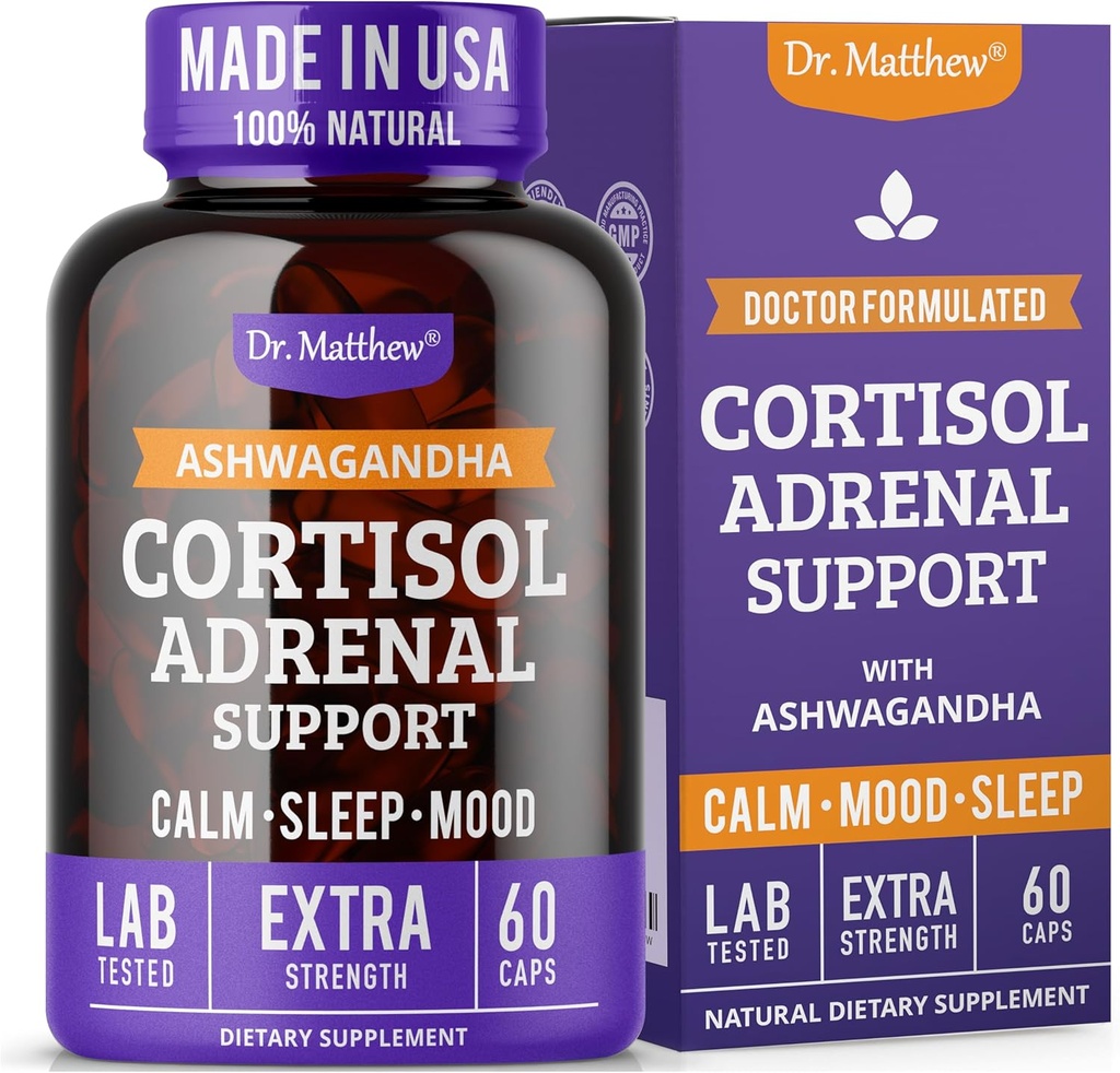 Dr Matthew Cortisol Reducer Supplément pour les femmes. Soutien adrénal avec Ashwagandha, Rhodiola & Ginseng – Un cocktail de désintoxication pour le Cortisol inférieur et aide à la détente, le sommeil calme et reposant