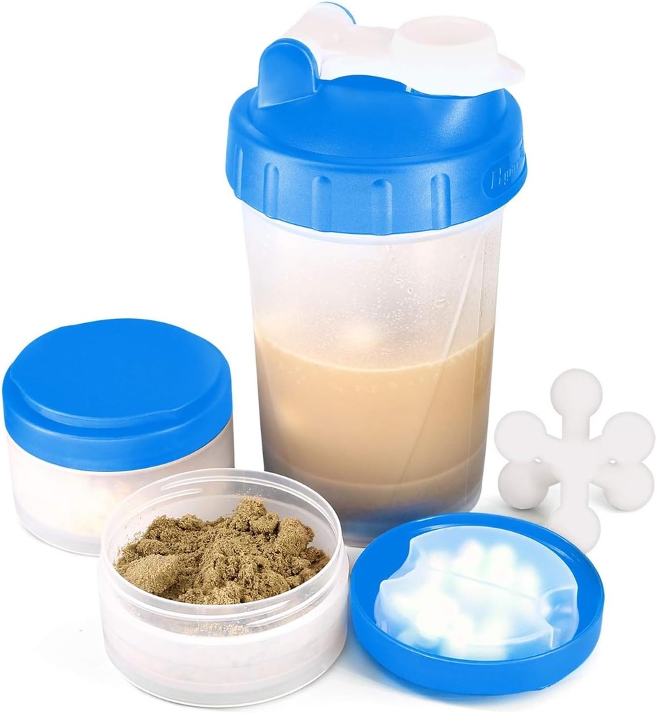 16oz Protein Shaker Bottle mit Shaker Ball und 2 Storage Jars | BPA-Free Plastic Cup mit klarer Messskala | Perfekt für Proteinmischungen und Pillen | Portable Pre-Workout Drink Cup(Blue)