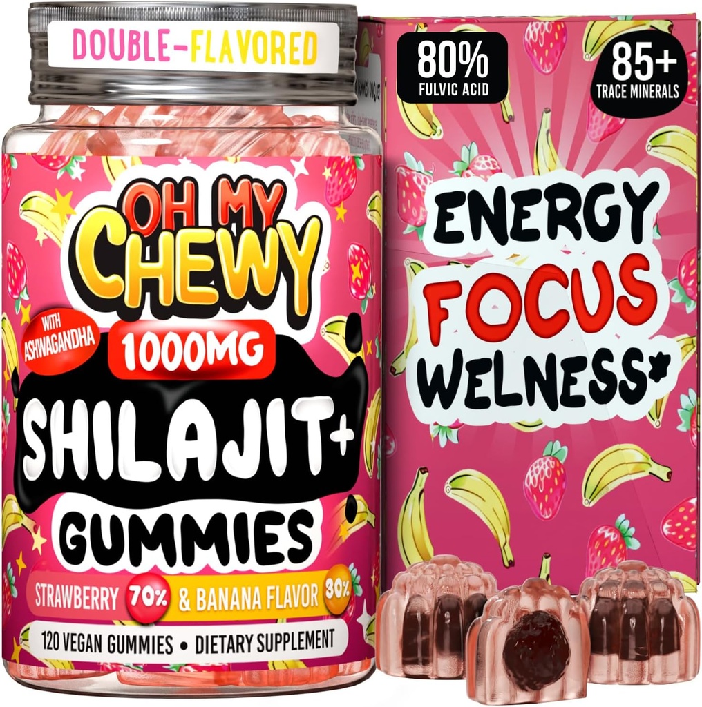 Pure Himalayan Shilajit Gummi - High Potency Gold Grade Harz - Energie Boost und Immununterstützung für Männer und Frauen mit Ashwagandha und Shatavari - 120 Gummy - Erdbeere & Banana