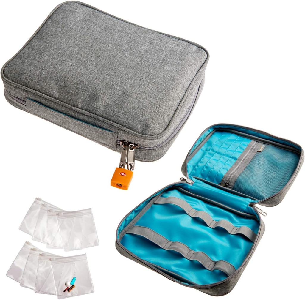 Glatte Trip Medicine Aufbewahrungstasche und medizinische Flasche Organizer - Slash-Resistant medizinische Reisetasche mit Lebensmittel Grad wiederverwendbare Pillen Pouches - Slim Design passt in Carry-ons, Totes und Rucksäcke