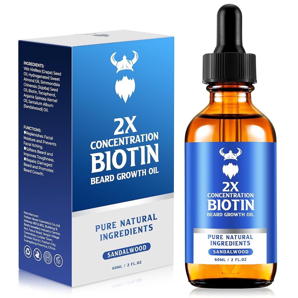 Huile de croissance de la barbe - 2X Concentration Biotine Huile de la barbe pour les hommes (2 oz) - Huile de la barbe pour hommes naturels avec huile d'argan, huile de jojoba et vitamine, assouplissant de croissance de la barbe, hydratant (Sandalwood)