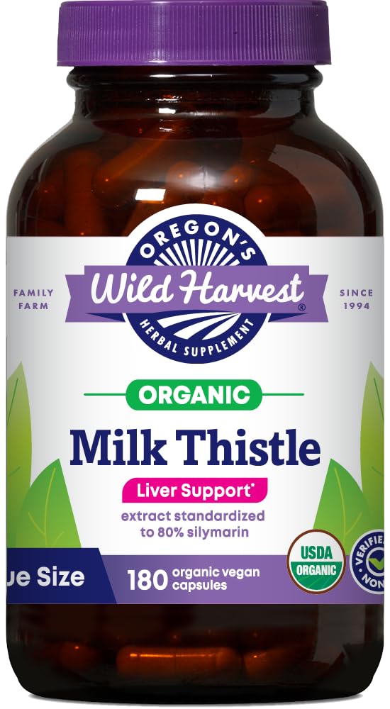 Oregon's Wild Harvest Milk Thistle Organic Non-GMO Kräuterergänzung - Pullulan (Pflanzenquelle) Vegan Kapseln, 180 Zähler
