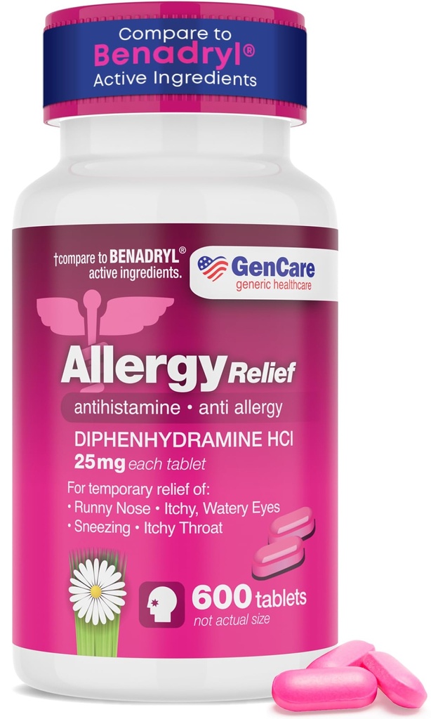 GenCare - Allergy Relief Medicine - Antihistaminique Diphénhydramine 25mg (600 comprimés par bouteille) Value Pack Relieve for Itchy Eyes, Sternezing, Runny Nose