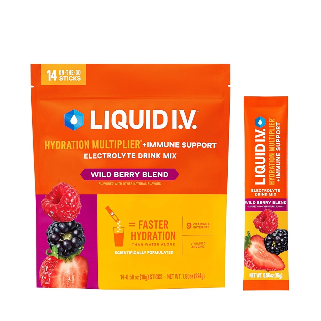Liquid I.V.® Hydration Multiplier® +Immune Support - Berry sauvage - Packs de poudre d'hydratation , Mélange de poudre d'électrolyte , Mélange de bâtonnets à usage unique , non-OGM , 14 portions (paquet de 12)