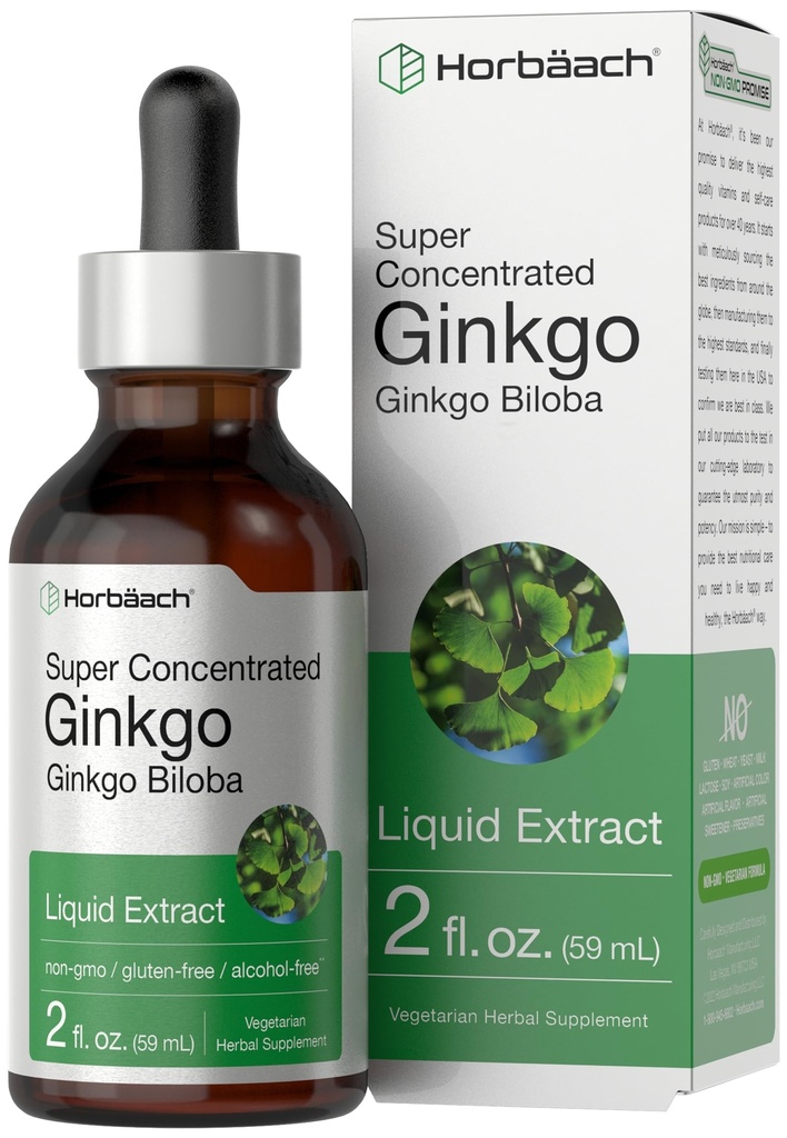 Horbäach Ginkgo Biloba Extract Liquid 2 fl oz | Alkoholfreie Kräuterergänzung | Vegetarisch, Non-GMO, Glutenfrei