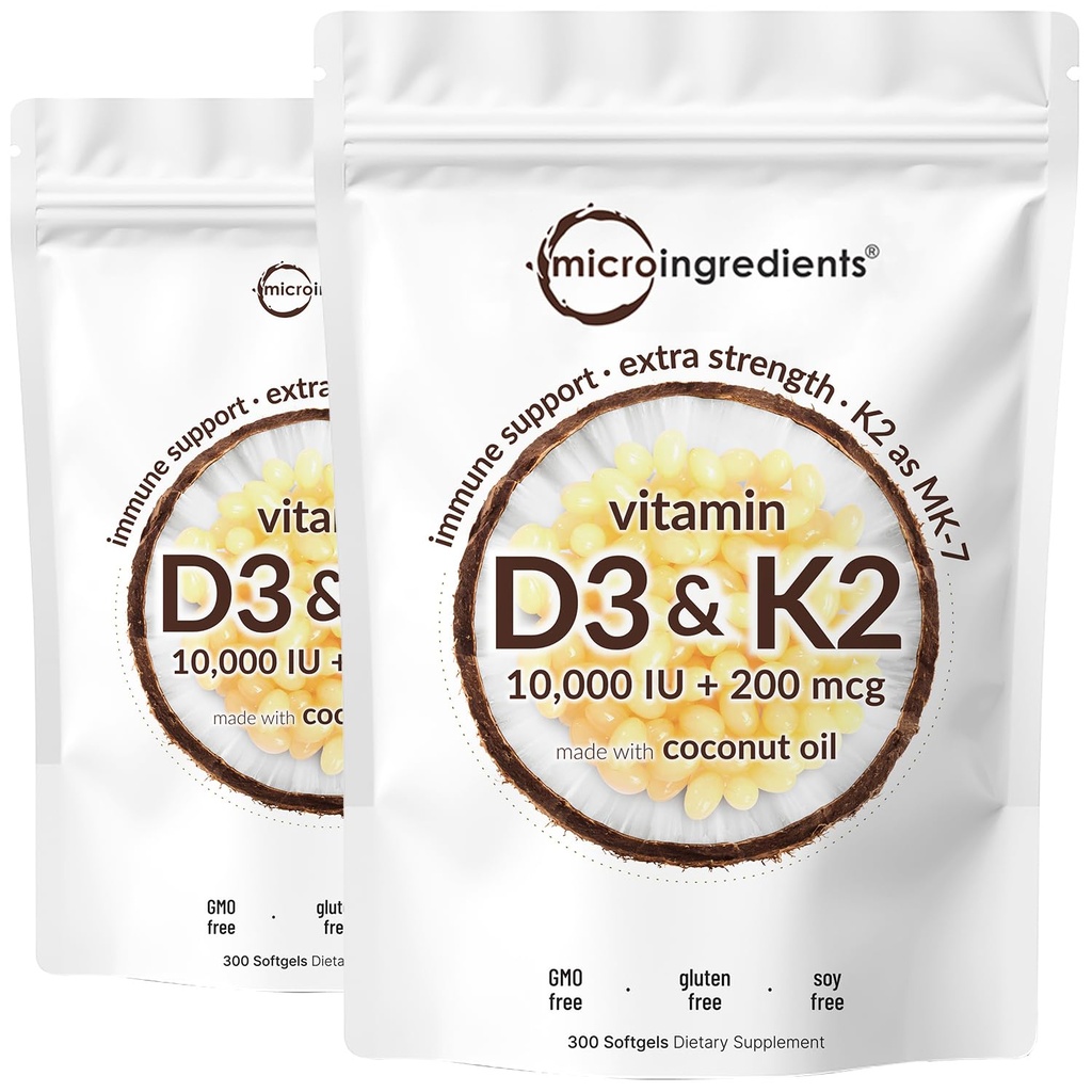 2 Pack Vitamin D3 10000 iu Plus K2 (MK-7) 200 mcg, 300 Virgin Coconut Oil Softgels | 2 in 1 Vitamine D & K Complex | Unterstützt Kalziumabsorption, Knochen, Immune, & Herzgesundheit – einfach zu schwalben