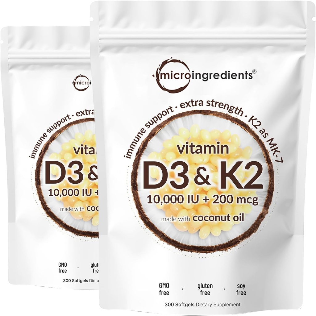 2 Pack Vitamin D3 10000 iu Plus K2 (MK-7) 200 mcg, 300 Virgin Coconut Oil Softgels | 2 in 1 Vitamine D & K Complex | Unterstützt Kalziumabsorption, Knochen, Immune, & Herzgesundheit – einfach zu schwalben