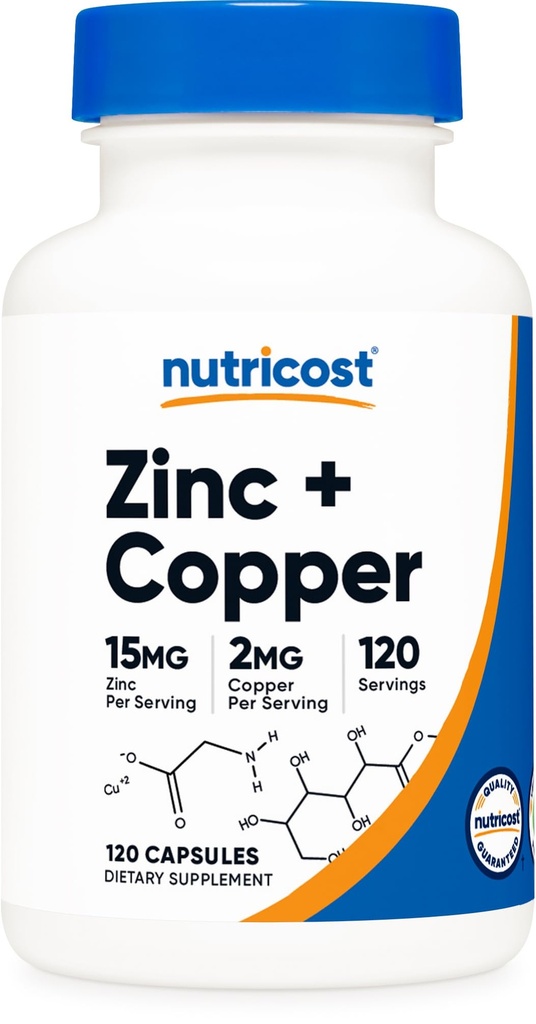 Nutricost Zink + Kupfer Kapseln (120 Servierungen)(15MG Zink + 2MG Kupfer pro Servierung) - Non GMO, Vegetarisch