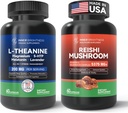 Supplément de champignons Reishi avec Cordyceps + L Theanine 200mg, Magnésium, 5-HTP & Melatonine pour le sommeil, le focus et l'humeur