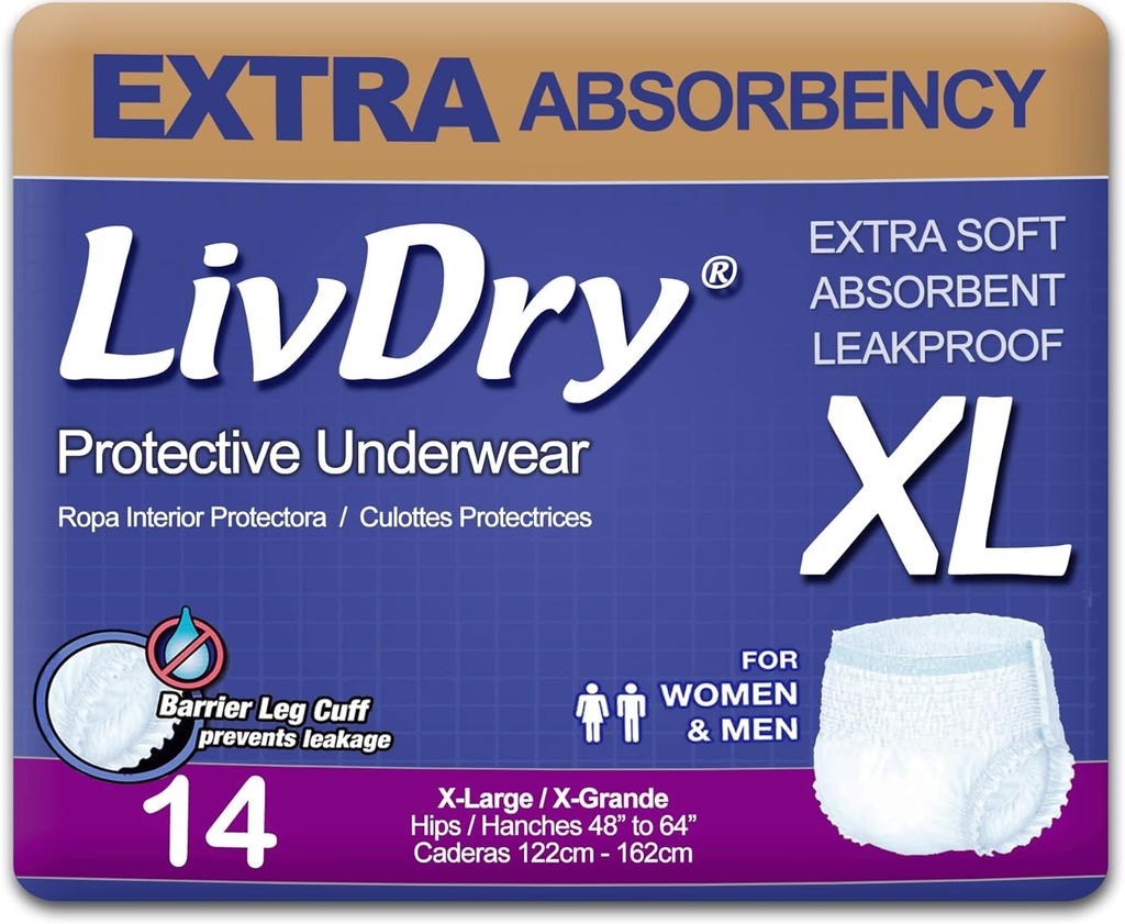 LivDry Adult XL Inkontinenz Unterwäsche, Extra-Absorbenz Erwachsene Windeln, Leckschutz, X-Large, 14-Pack