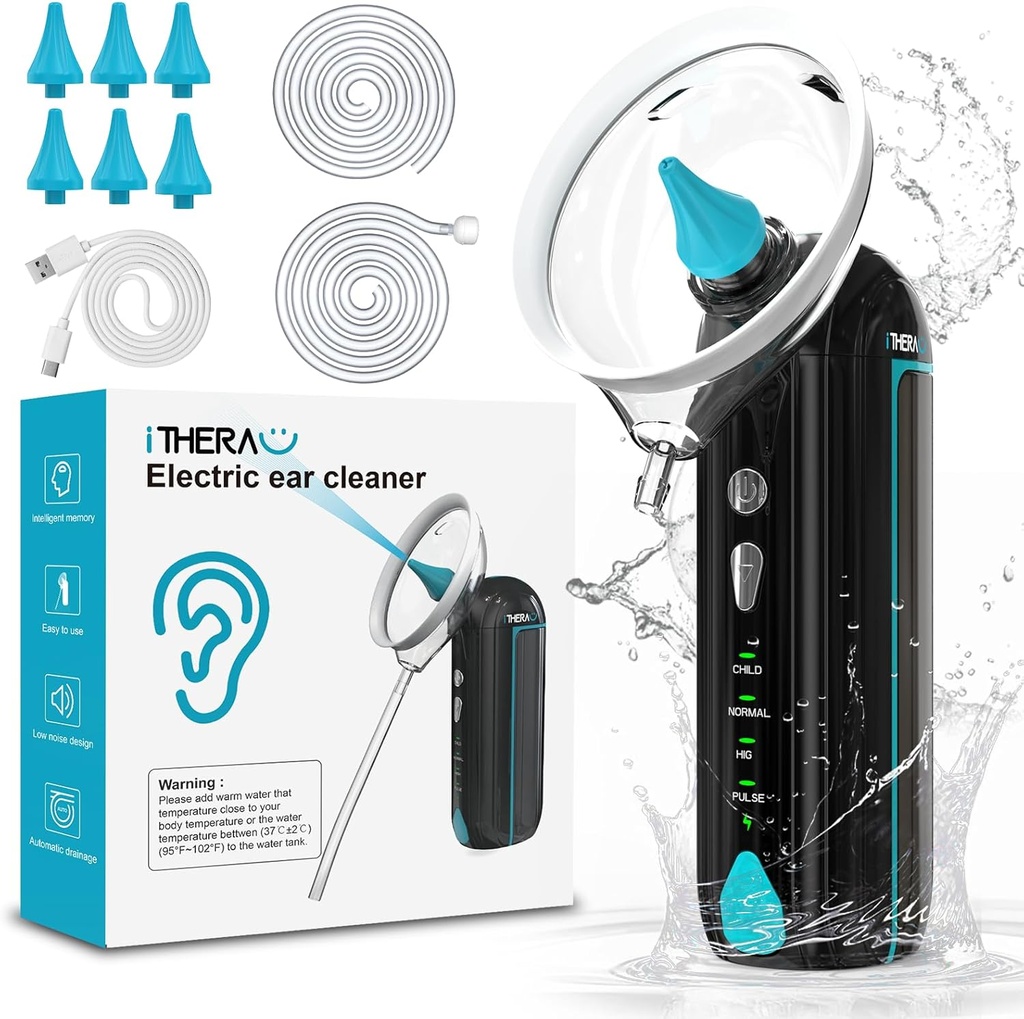 iTHERAU Wash Ear Cleaner Water Powered Ear Cleaner Elektro-Ear-Reinigungs-Kit mit 4 Druckmodi Safe & Effective Ear Bewässerung Flushing Kit mit 6 Sprühdüse