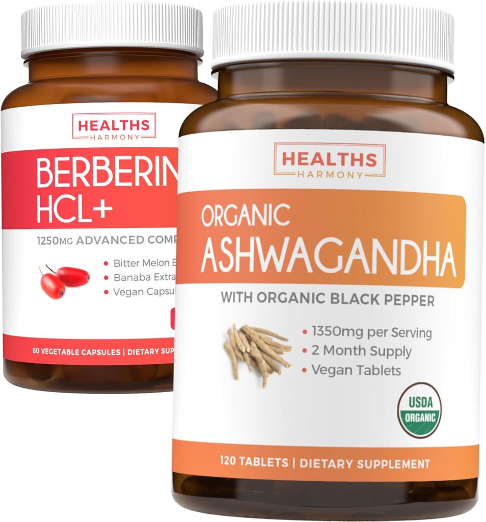 Sparen Sie $4 (11% Off) - Kaufen Sie Organic Ashwagandha & Berberine HCL+ - Nature's Synergy Duo - Berberine (60 Kapseln) - Organic Ashwagandha Root Powder 1350mg Serve (120 Tabletten) Natürliche Adrenal Hilfe