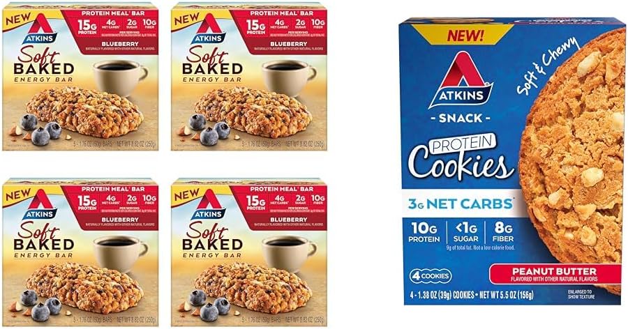 Atkins Soft Baked Energy Bars, Blueberry, 15g Protein,2g Zucker, Ausgezeichnet Source & Peanut Butter Protein Cookie, Protein Dessert, Rich in Fiber, 3g Net Carb, 1g Zucker