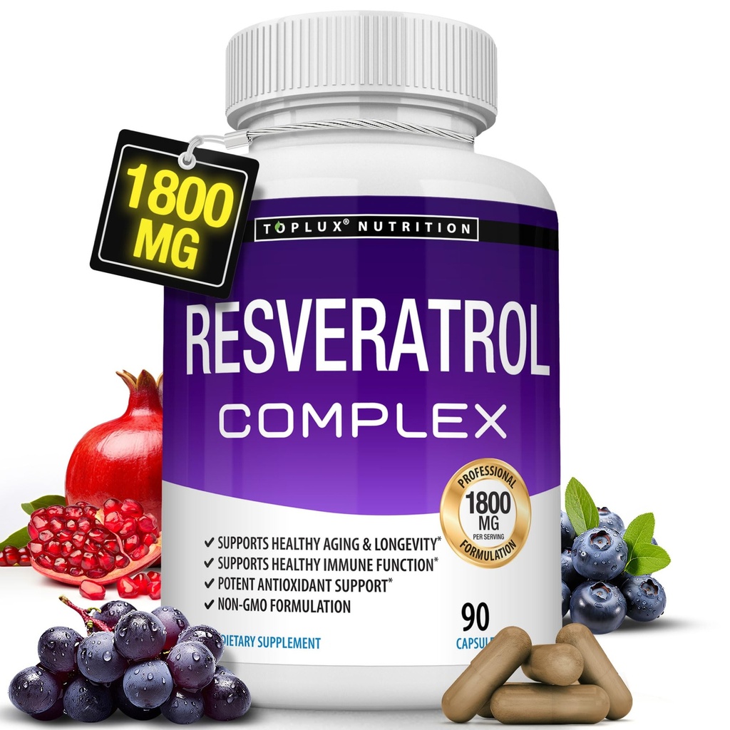 Supplément de resvératrol 1800 mg Complexe antioxydant - Pilules transrésvératrol naturelles hautement toxiques pour le vieillissement en santé, soutien de santé global, système immunitaire, fonction cérébrale, pour hommes femmes, 90 capsules