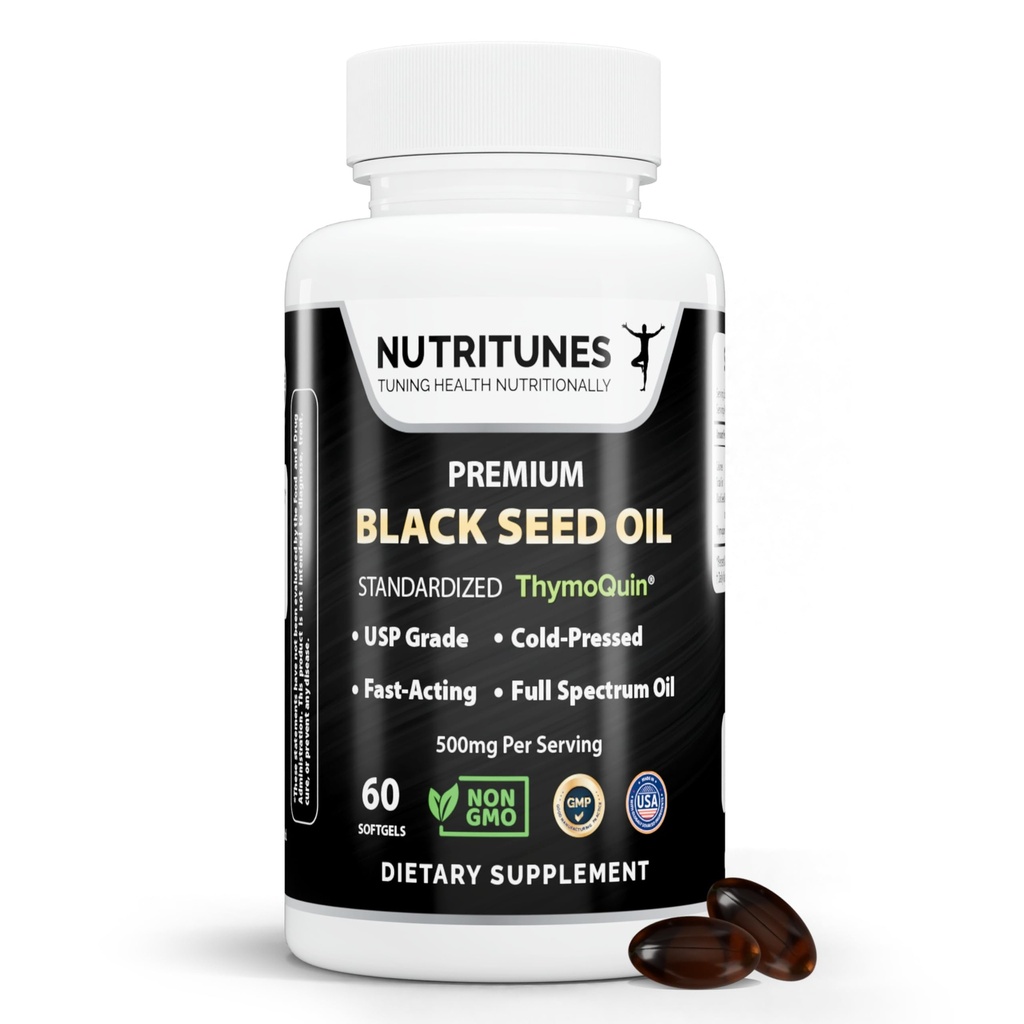 Huile de graines noires 3 % de thymoquinone normalisée – Études cliniques, grade USP, Nigella Sativa ThymoQuin, non-OGM – 60 softgels