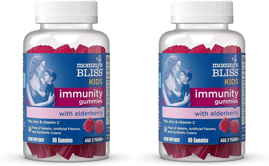 Mami's Bliss Kinder Elderberry Gummis, unterstützt Immunität mit Schwarzer Elderberry, Zink & Vitamin C, Gluten Free & Vegan, Alter 2 Jahre + (60 Count) (Pack von 2)