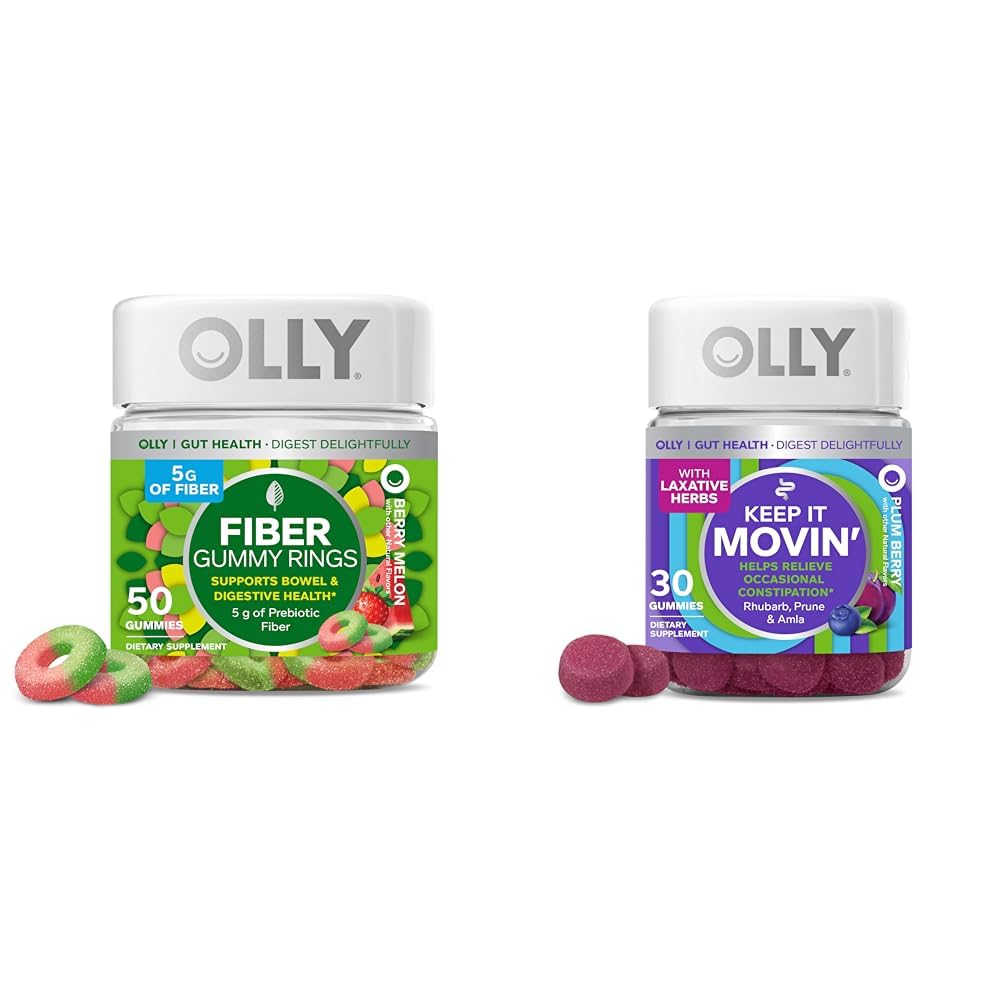 Anneaux Gummy en fibre OLLY Fiber, 5g Fibre prébiotique, FOS (Fructo-oligosaccharides), Soutien digestif, Berry Melon 50ct & Keep it Moving Constipation Relief, Rhubarb, Prunes, Amla - Plum Berry Flavor - 30ct