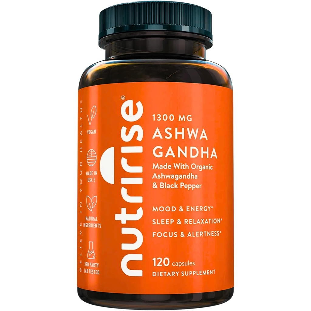 NutriRise Organic Ashwagandha Root Capsules with Black Pepper, 1300mg, Natural Stress & Mood, Schilddrüse und Immununterstützungsergänzung, Klarheit, Fokus & Energie, Glutenfrei, 120 Count