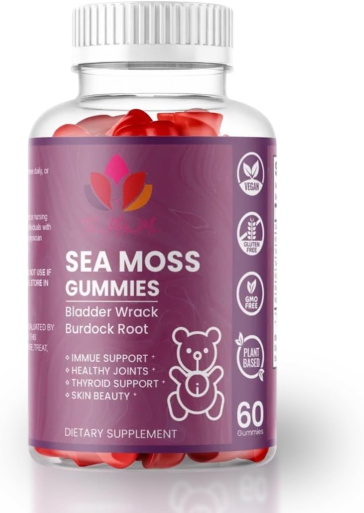 Bio Sea Moss Gummi mit Bladderwrack & Burdock Root – Vegan-Ergänzung für allgemeine Wellness – 60 Count