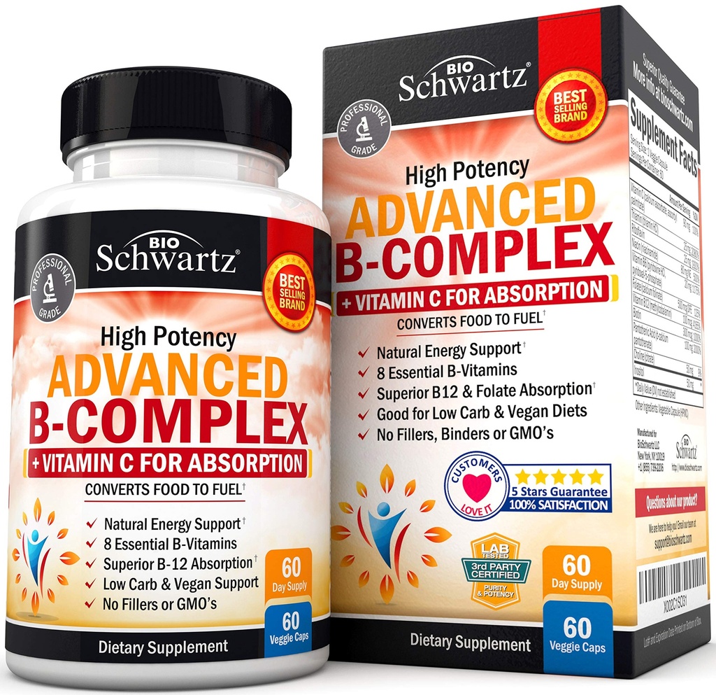 Vitamin B-Komplex mit Vitamin C für maximale Absorption - Methylcobalamin b12 & Folate Folic Acid Supplement - B1 B2 B3 B5 B6 B7 B9 für Immunenergie & Nervous System Support - Non-GMO, 60 count