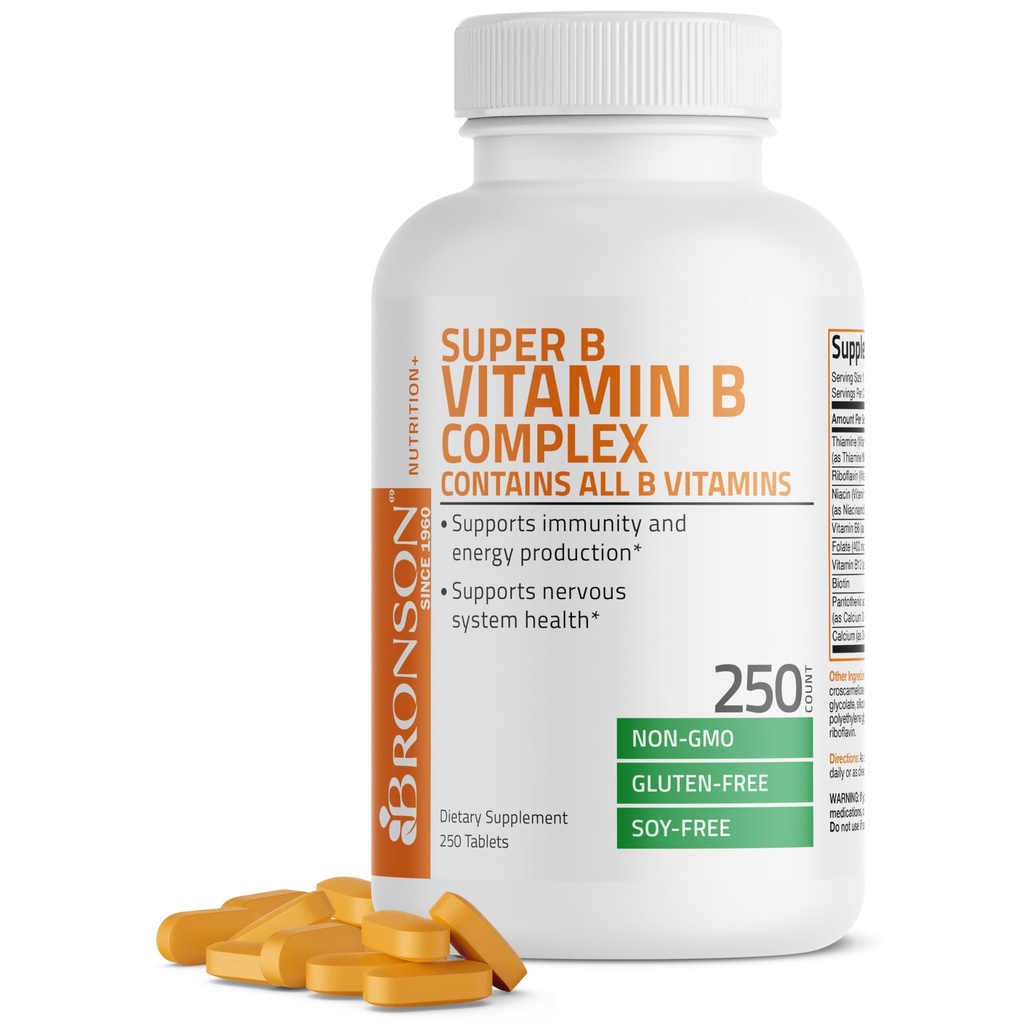 Bronson Vitamin B Complex (Vitamin B1, B2, B3, B6, B9 - Folsäure, B12), 250 Tabletten