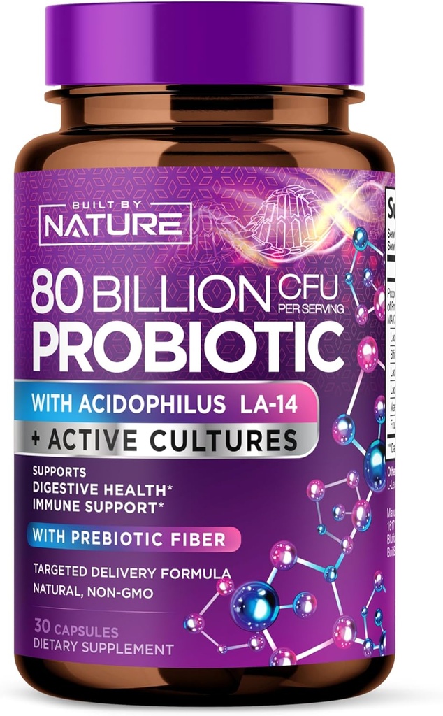 80 Million CFU Probiotic - Supplément de santé quotidienne pour les hommes et les femmes - Lactobacillus acidophilus, Bifidobacterium et prébiotiques - Non-OGM, sans gluten et sans produits laitiers, plateau-stable - 30 capsules