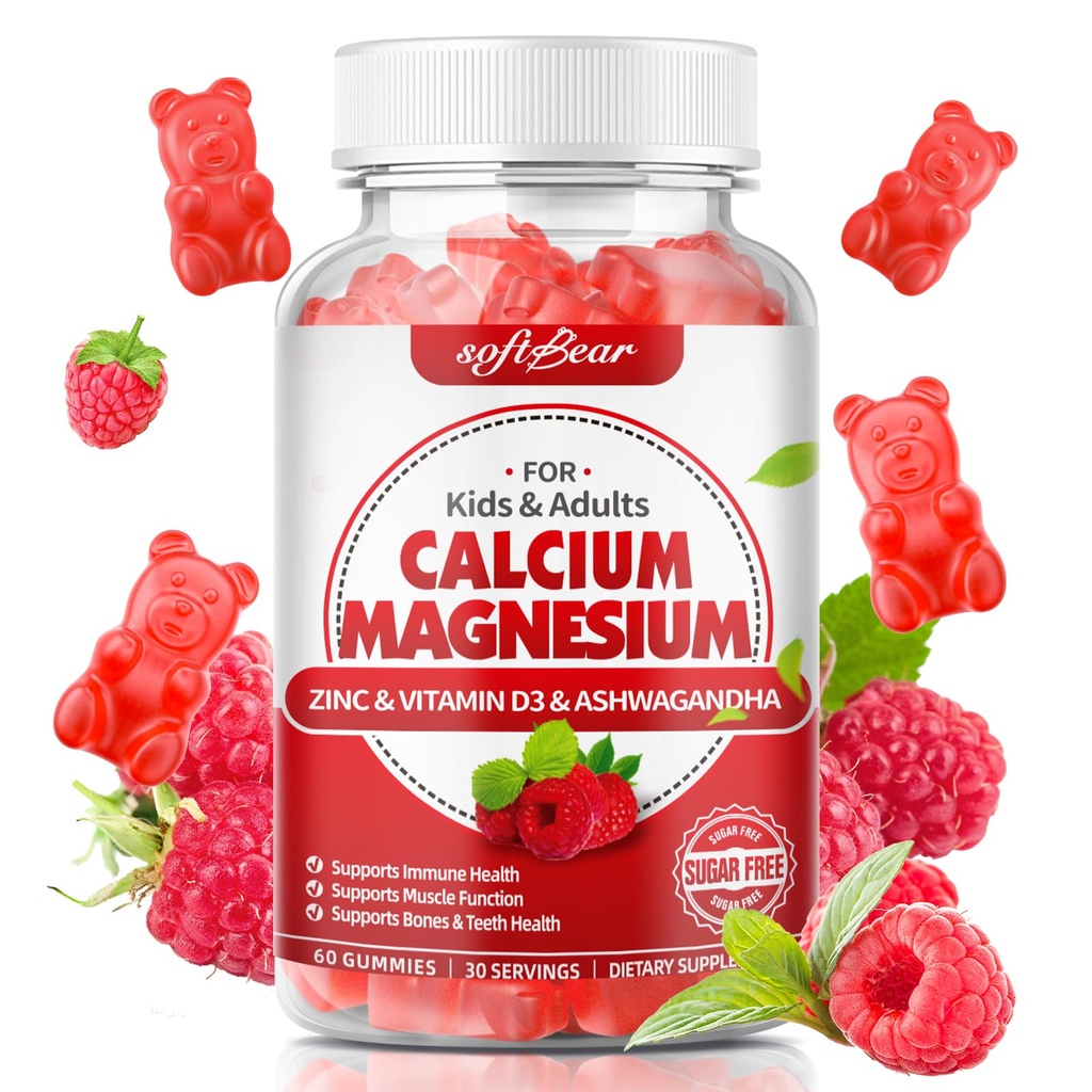 Weichbear Calcium Magnesium Zink Gummi für Frauen, Calcium Magnesium Supplement mit Vitamin D3 für Knochenstärke, Vegan/Sugar-frei, Himbeer Flavor 60 Count