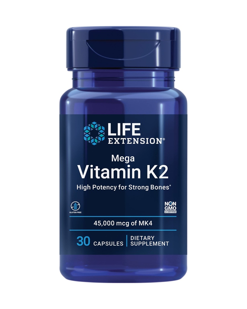 Lebensverlängerung Mega Vitamin K2 Hohe Potenz für starke Knochen, klinisch untersucht 45 mg K2 Dosierung, fördert gesunde Knochendichte, Glutenfrei, Non-GMO, 30 Kapseln