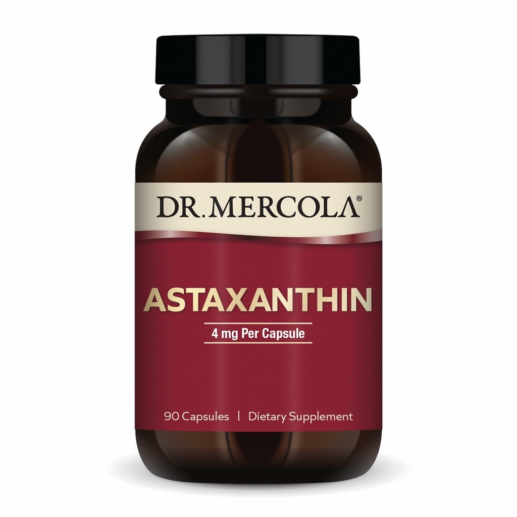 Dr. Mercola Organic Astaxanthin - 4 mg Astaxanthin - Leistungsstarke Antioxidantien-Unterstützung - Organic Microalgae Extract - Non-GMO, Gluten-Free & Soy-Free - 90 Kapseln (90 Portionen)