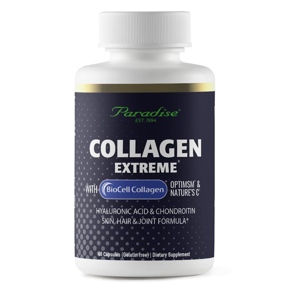 Collagène d'herbes paradisiaques extrême avec collagène biocellulaire, acide hyaluronique et C de la nature, pour cheveux, peau et articulations sains, 60 capsules