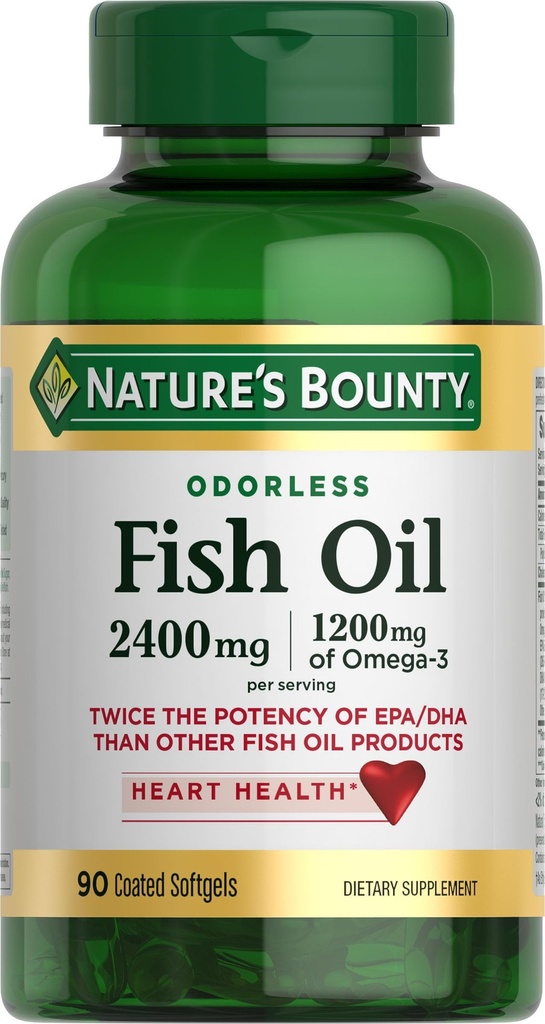 Huile de poisson sans odeur de la nature, 1200mg Oméga-3 par service incluant EPA & DHA, soutient la santé cardiaque, purifié pour éliminer le mercure, softgels enduits, sans gluten, sans mollusques, 90 Ct