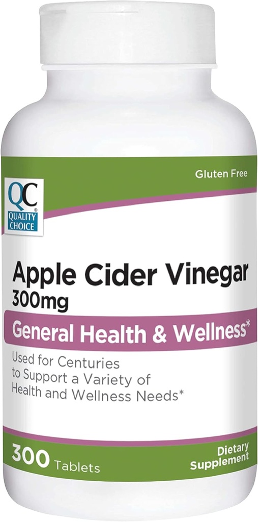 Quality Choice Apple Cider Vinegar 300 mg - General Health and Wellness - Dietary Supplement in 300 Count Bottles of Tablets
