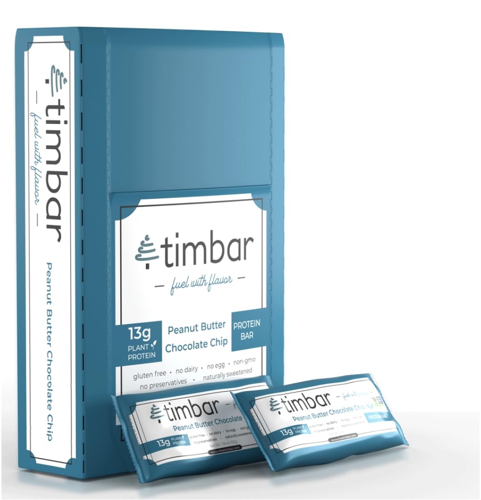 timbar Protein Bars 12 Pack | Plant Based- Energy & Nut Bars mit 13g Protein | Glutenfrei, Non-GMO, Dairy Free, Gesunde On-the-Go Snack & Meal Ersatz (12 Packs, Erdnussbutter)