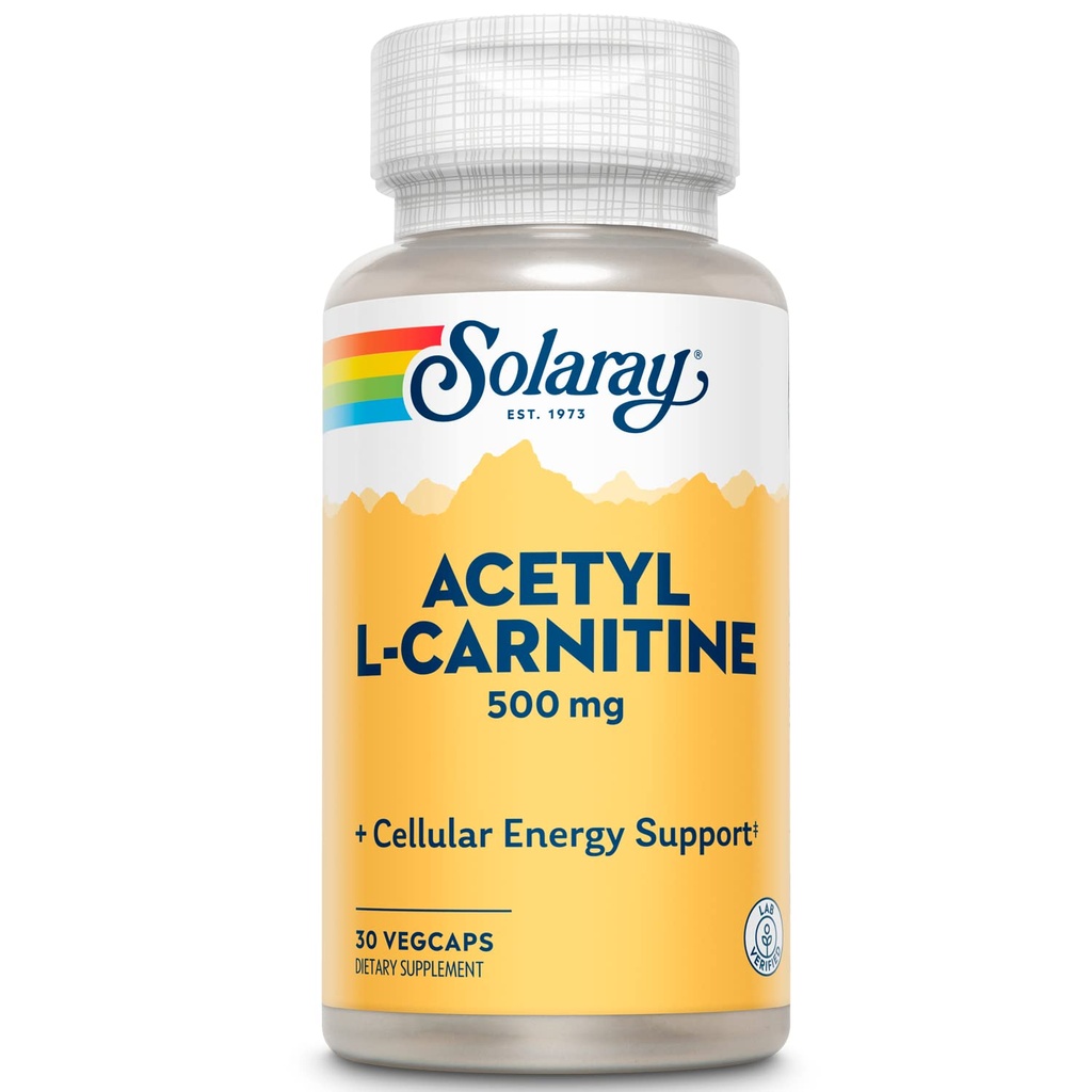 SOLARAY Acetyl L-Carnitin 500 mg | Gesunde Cellular Energy, Memory, Mood und Herz-Kreislauf-Unterstützung | 30 VegCaps