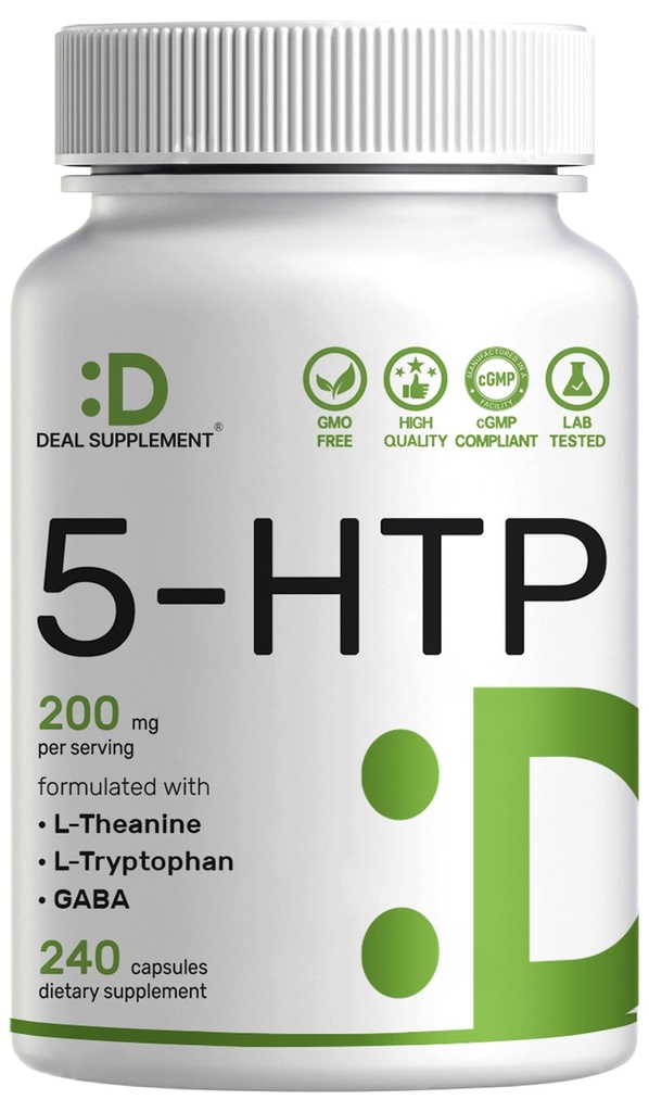 Deal Supplement 5-HTP 200mg pro Servierung, 240 Kapseln, 98% afrikanischen abgeleiteten Griffonia Seed Extract | 4 in 1 Formel | Plus Active L Theanine, L Tryptophan, & GABA | Relaxation Support Supplement