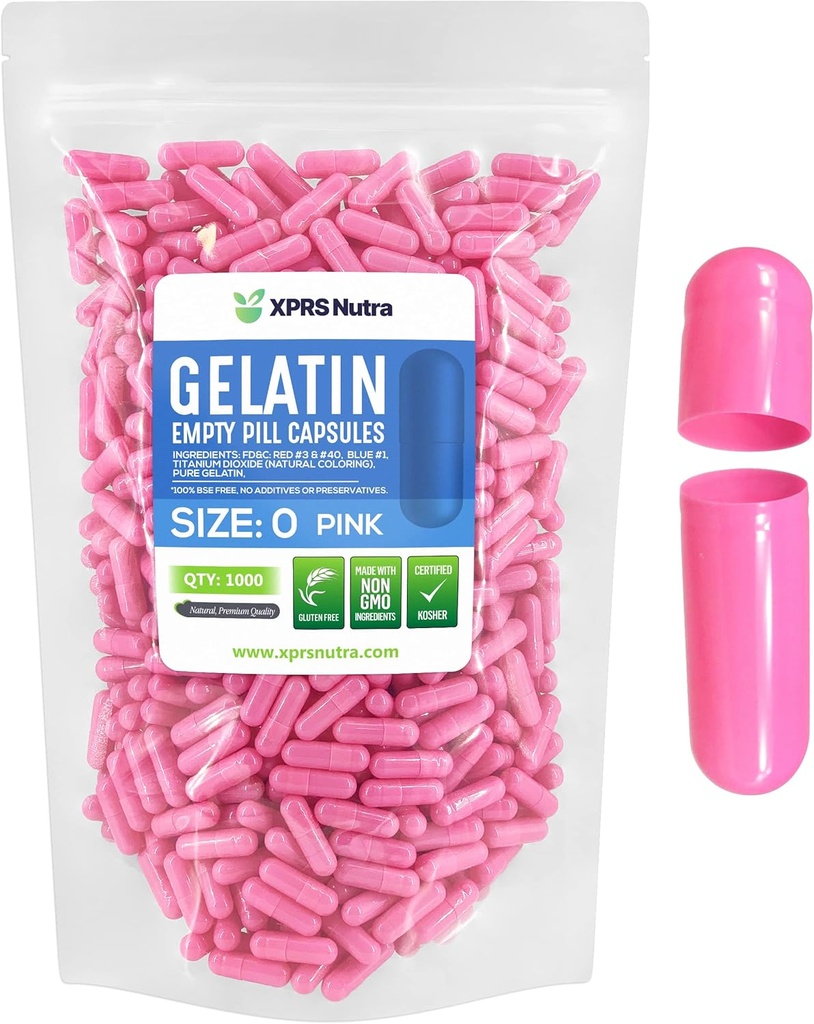 XPRS Nutra Size 0 Empty Capsules -1000 Count Empty Gelatin Capsules - Pills DIY Capsule Filling - Pure Bovine Pill Gel Caps for Do-It-Yourself Supplements (Pink)