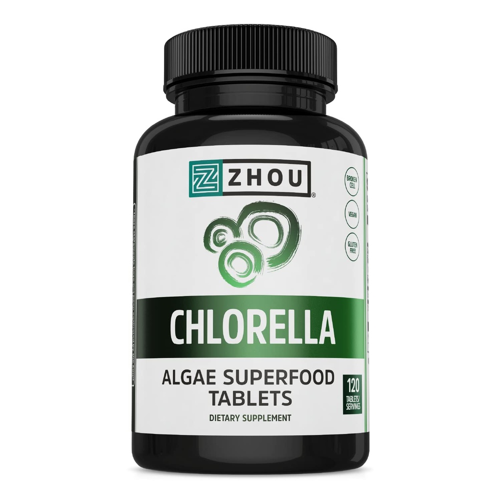 Zhou Chlorella Tabletten - Chlorella Supplement, Chlorophyll Vitamine, reine grüne Algen Superfood, Nährstoffreiche Super-Food Pillen, Gebrochene Zellwand - 120 Vegan Tabletten