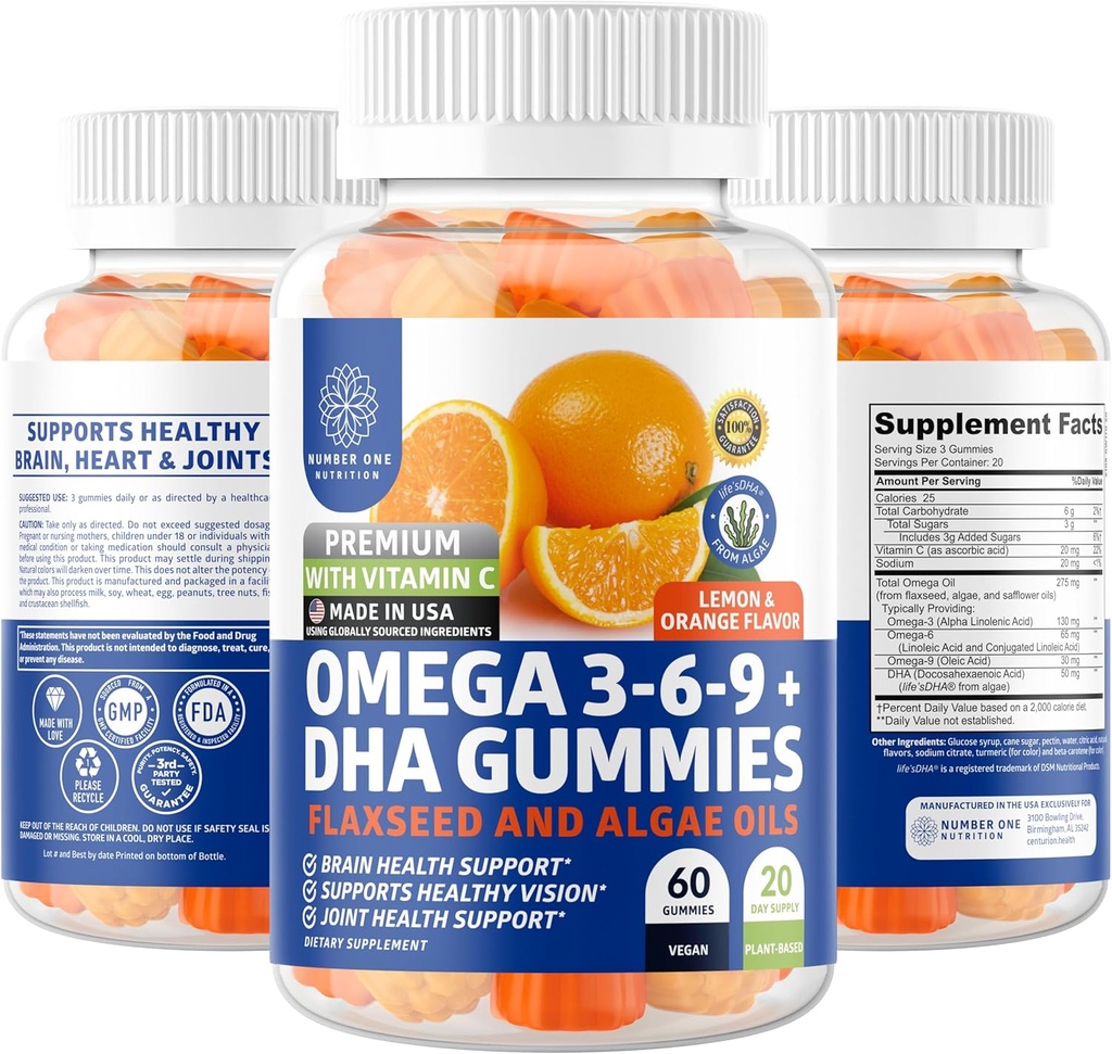 N1N Premium Omega 3 6 9 + DHA Gummies [Vegan, Pflanzenbasiert] Natürliches Gehirn, Immunität und gemeinsame Gesundheit Unterstützung mit Vitamin C, 60 Gummies