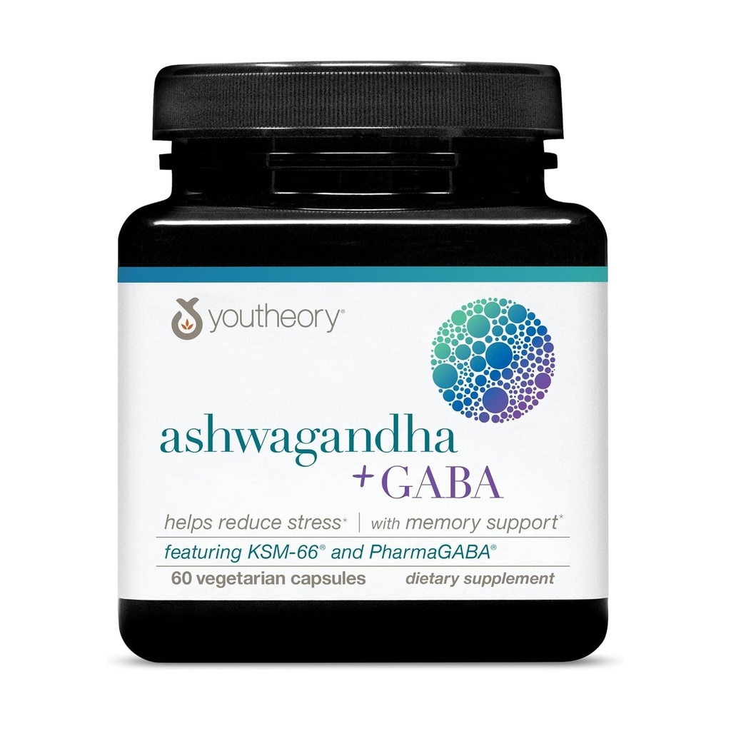 Youtheory Ashwagandha + GABA - Utilisations Organiques KSM-66-1 000 mg Ashwagandha & 100 mg GABA - Cortisol, énergie, stress et supplément de soutien mémoire - 60 capsules végétariennes (30 jours d'approvisionnement)
