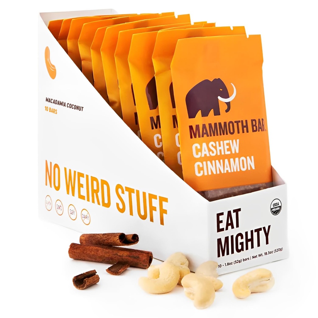 Cashew Cinnamon Bar- biologique, Paléo, sans gluten et cru par barre de mammouth, 10-12g de protéines, 1.8 Oz. Bar (10 barres) ...