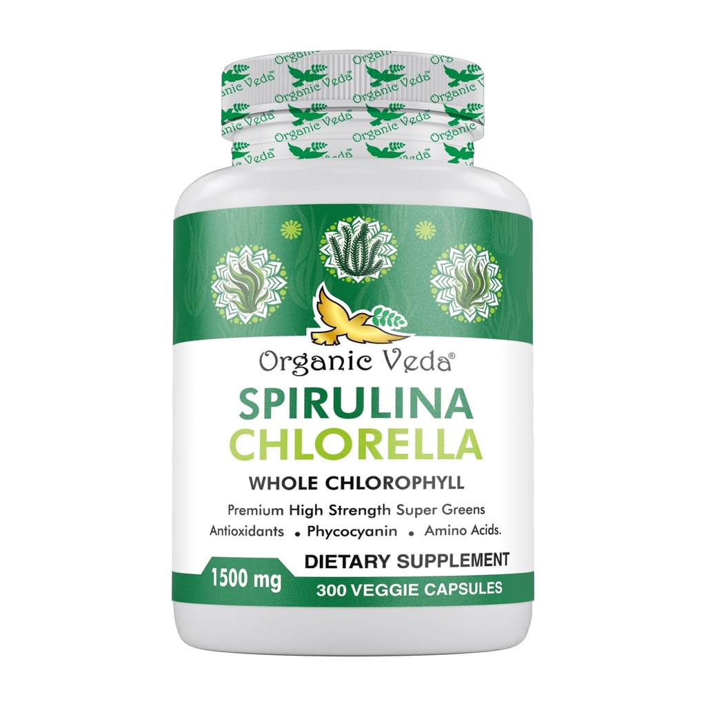 Bio Veda Spirulina & Chlorella Kapseln, 1500mg, 300 Count - Spirulina Chlorella Kapseln mit Super Green Antioxidants, Phycocyanin, Aminosäure - Boost Immunität, Energie, Unterstützung Verdauung