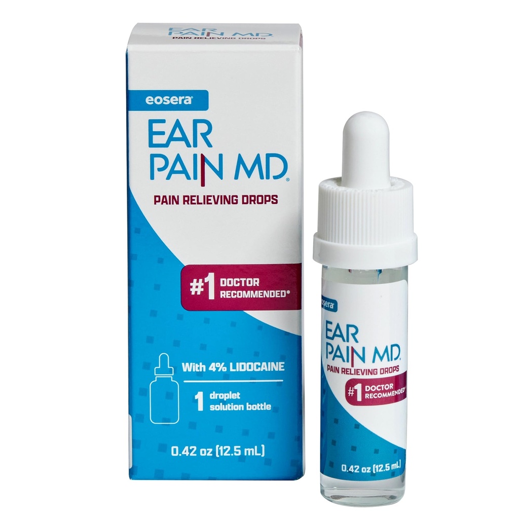 Eosera Ear Pain MD - 4% Lidocaine Ear Drops for Maximum Strength Pain Relief - Fast-Acting, Numbing Earache Treatment for Adults & Kids Age 2+- 12.5 mL