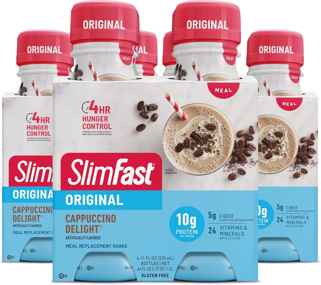 SlimFast Meal Ersatz Shake, Original Cappuccino Delight, 10g Ready to Drink Protein for Weight Loss, 11 Fl. Oz Bottle, 4 Count (Package of 3) (Packaging May Vary)