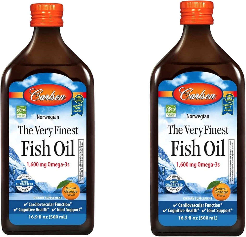 Carlson - The Very Finest Fish Oil, 1600 mg Omega-3s, Liquid Fish Oil Supplement, Norwegian Fish Oil, Wild-Caught, Sustainable Sourced Fish Oil Liquid, Orange, 16.91 Fl Oz (Pack von 2)